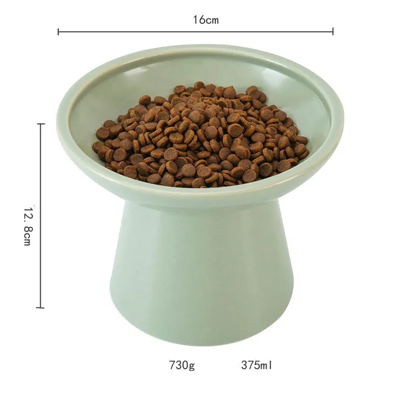 Ceramic elevated cat food bowl with wide shallow 16cm design in blue colour