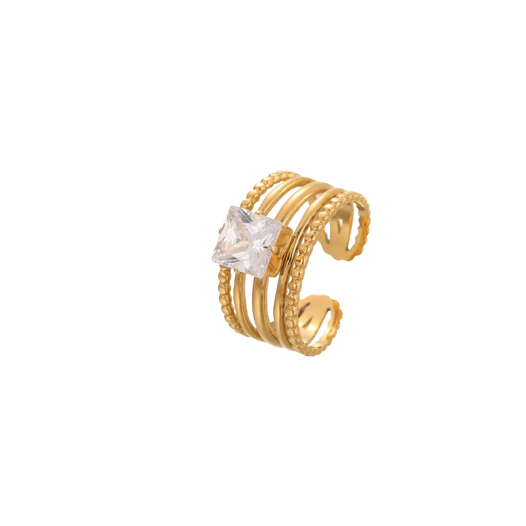 Gold electroplated stainless steel ring with geometric heart shape and inlaid zircon stones, open mouth adjustable design.