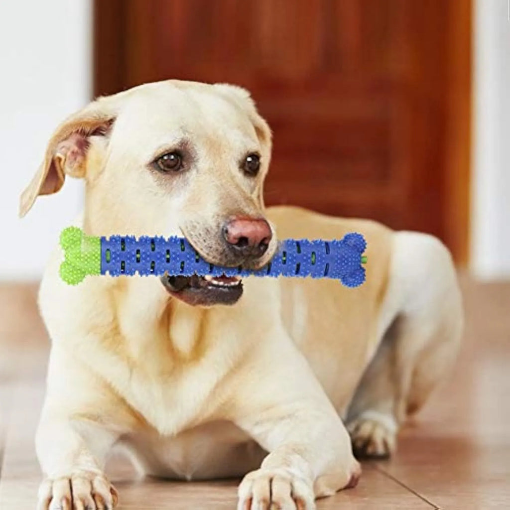 Blue silicone dog dental cleaning stick with serrated edges and bristles for teeth cleaning