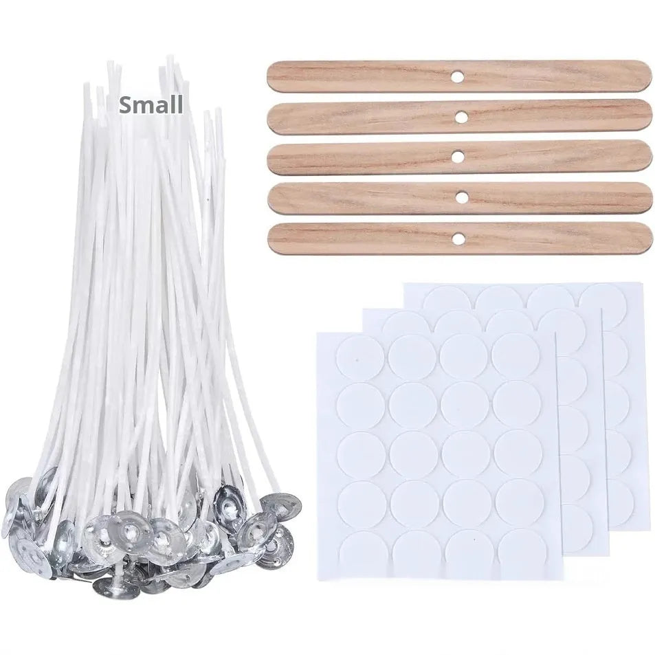 White cotton candle wicks showing tightly woven core construction in three length specifications