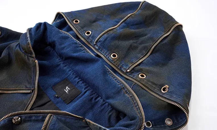 Blue Korean style hooded denim vest coat with matching trousers, front zipper closure