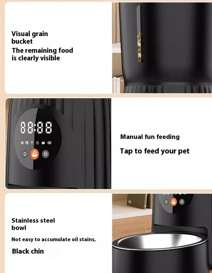 Black and white automatic pet feeder with food storage hopper and USB power connection