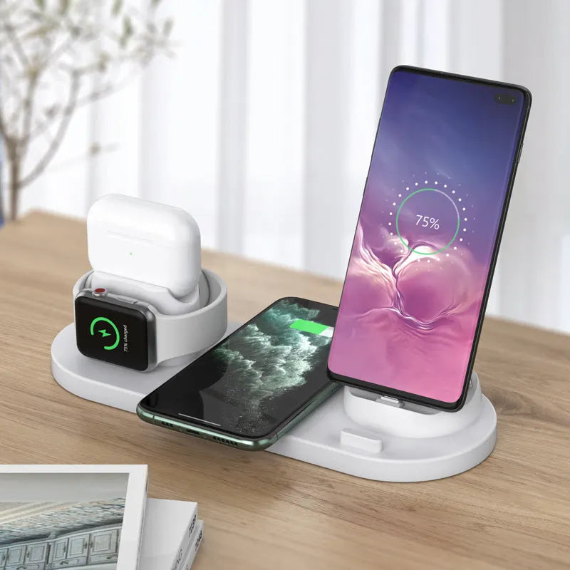 Black or white 6-in-1 wireless charging station holding phone with AirPods and watch charging