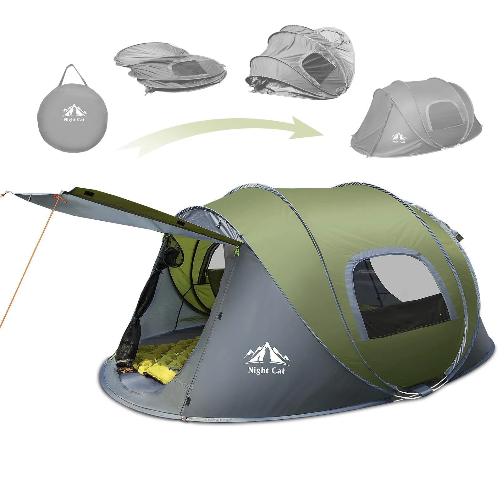 Dark green automatic pop-up camping tent for two people with dimensions 2.9m long by 2m wide