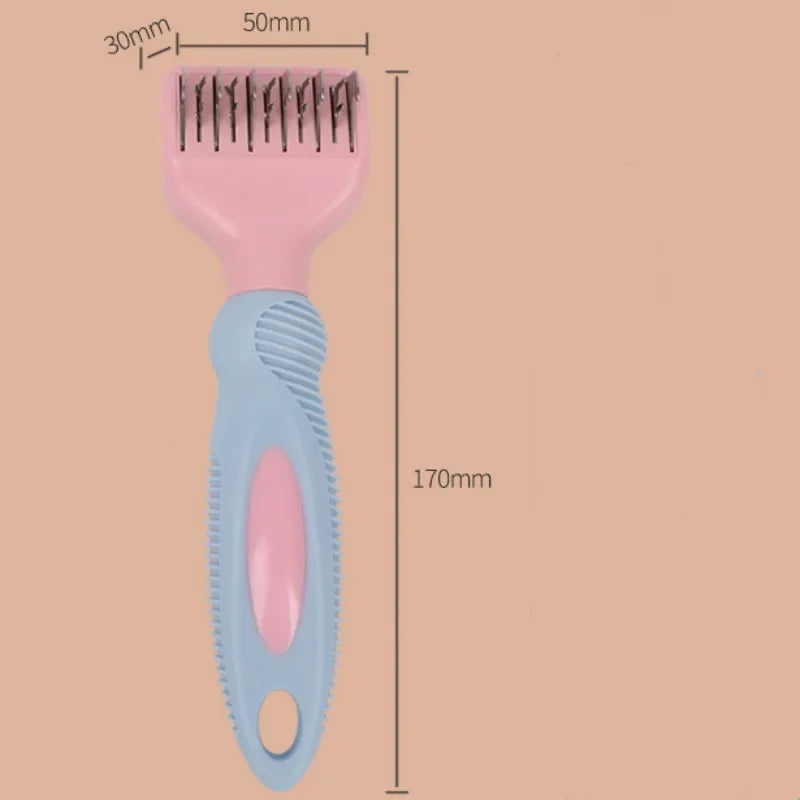 Pet grooming comb with stainless steel knot knife teeth and pink handle for detangling matted fur