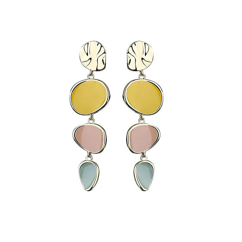 Morandi three-colour dripping oil disc earrings with wafer design on alloy construction