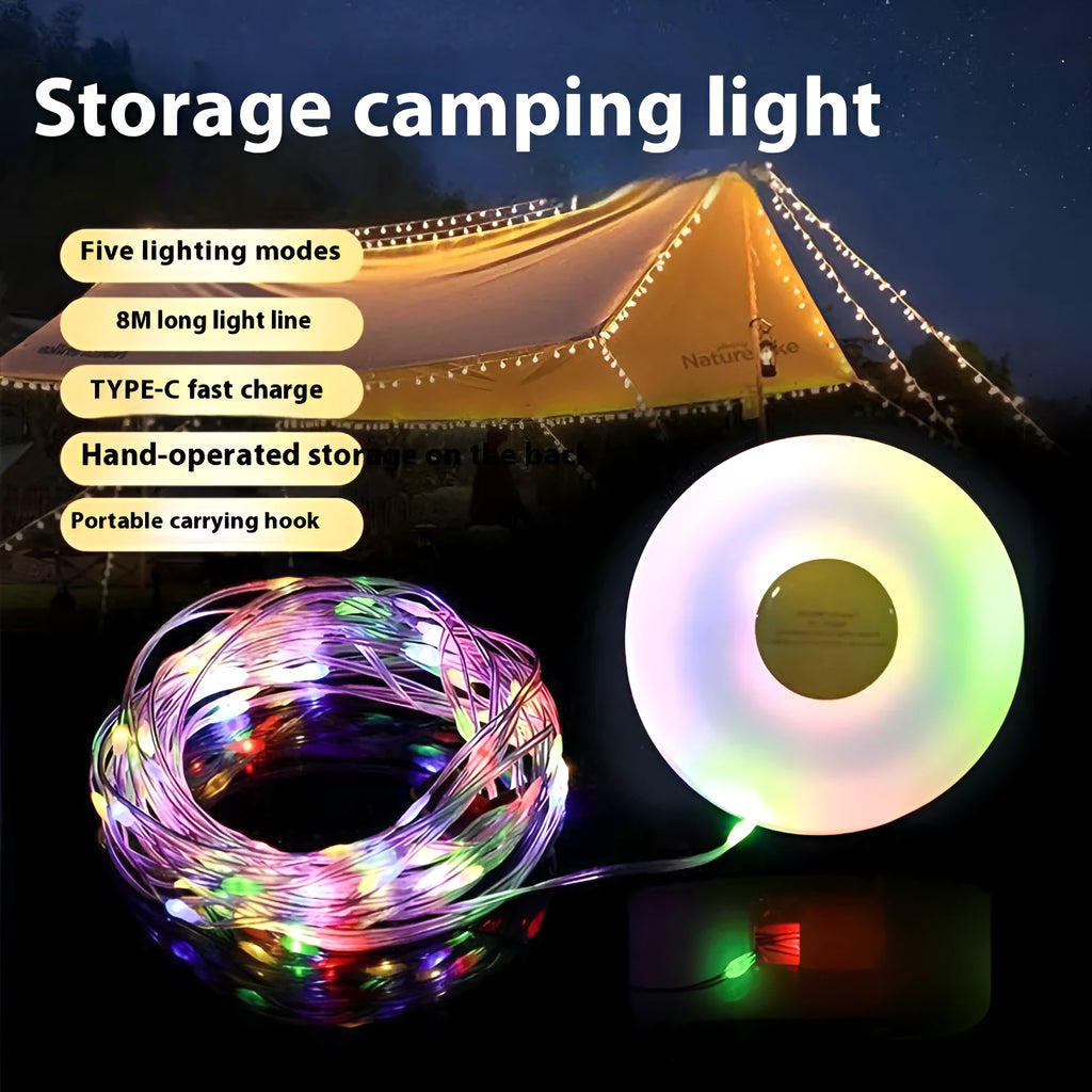 Close-up of an 8-metre long USB rechargeable LED string light with 30 beads, showing both warm white and multicolour lighting options.