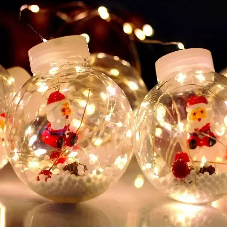 10-piece LED Christmas curtain light string with snowman, elder, and Christmas tree wishing ball designs.