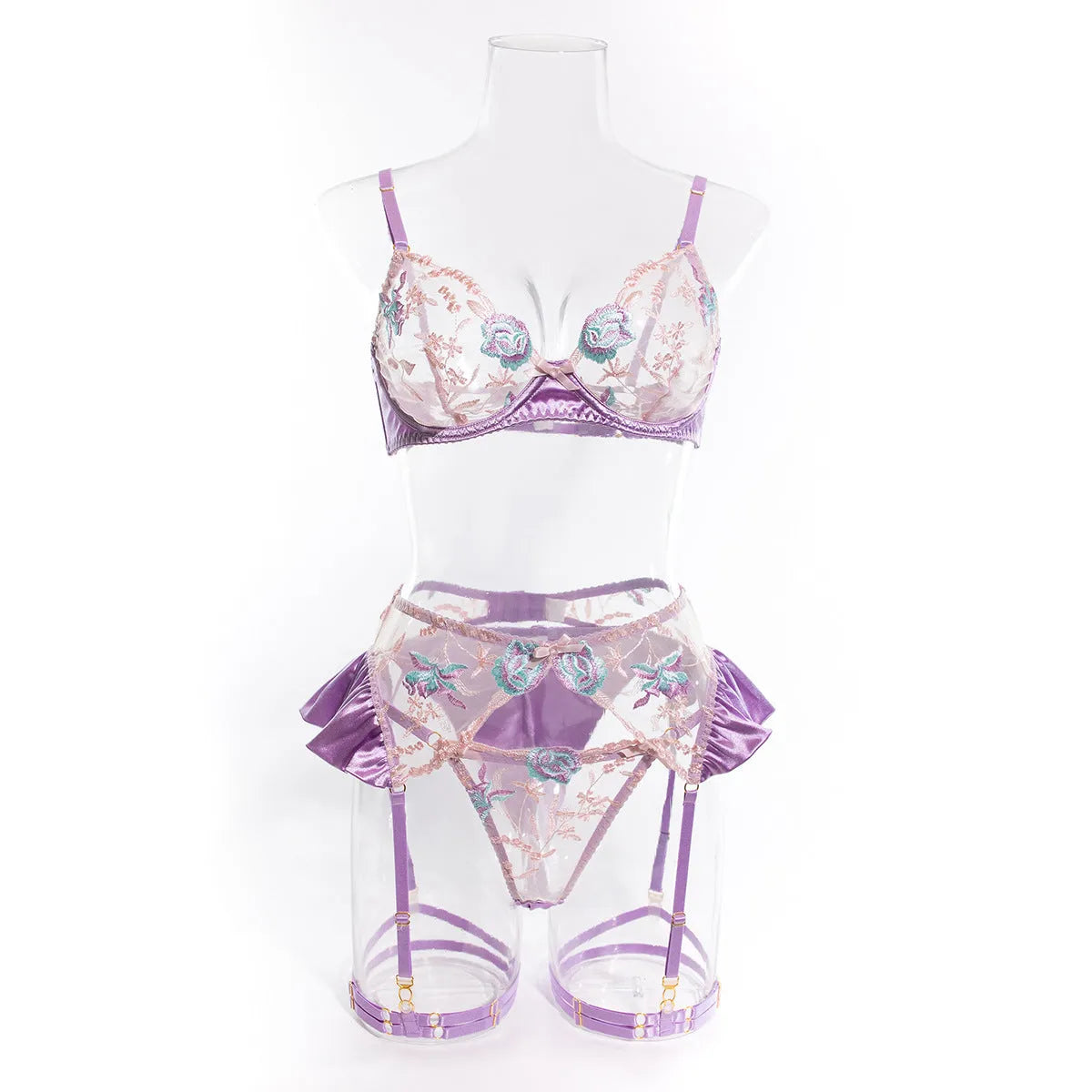 Light purple satin lingerie four-piece set with mercerized embroidery detailing