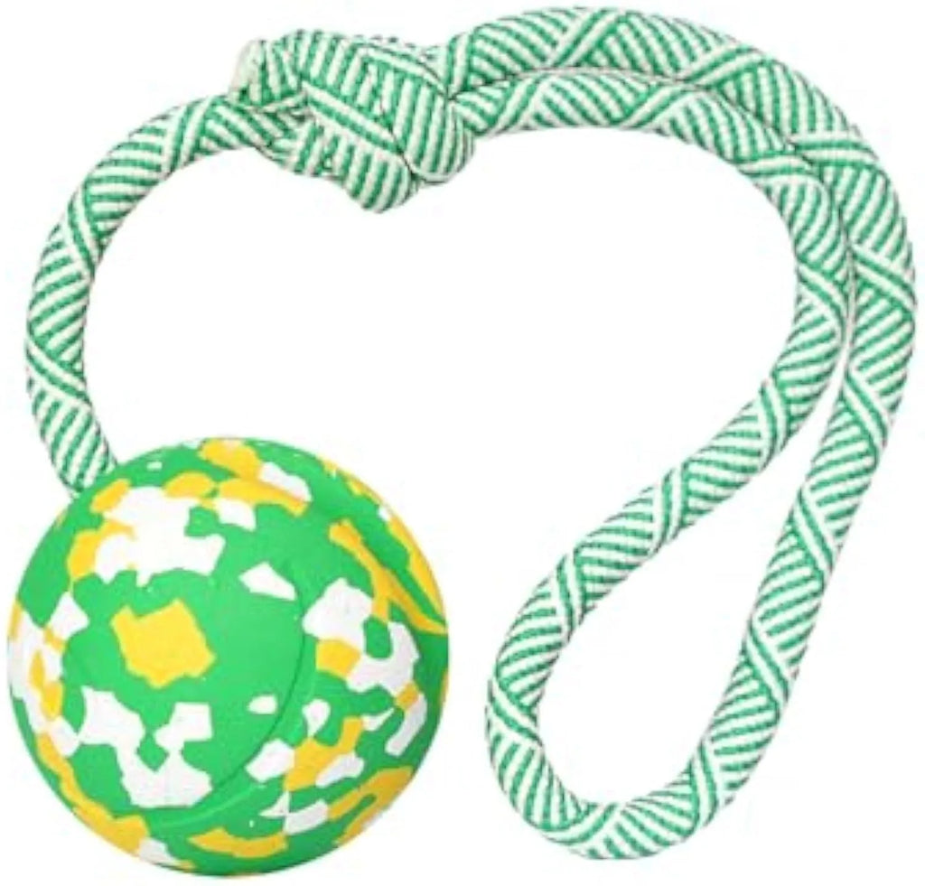 Natural rubber dog ball attached to a nylon rope for interactive fetch and tug-of-war play.