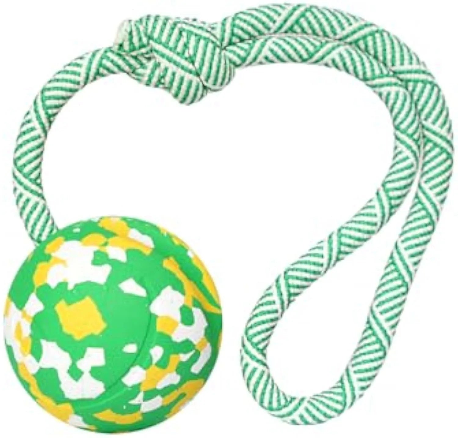 Natural rubber dog ball attached to a nylon rope for interactive fetch and tug-of-war play.