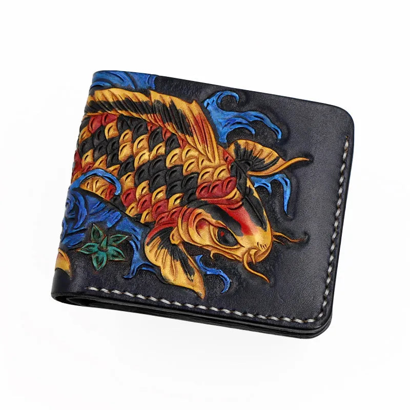 Men's carved leather short wallet in red, blue, or gold with open style design
