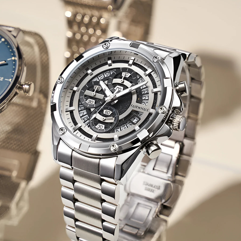 Men's luminous waterproof quartz watch with steel belt in black shell blue surface option