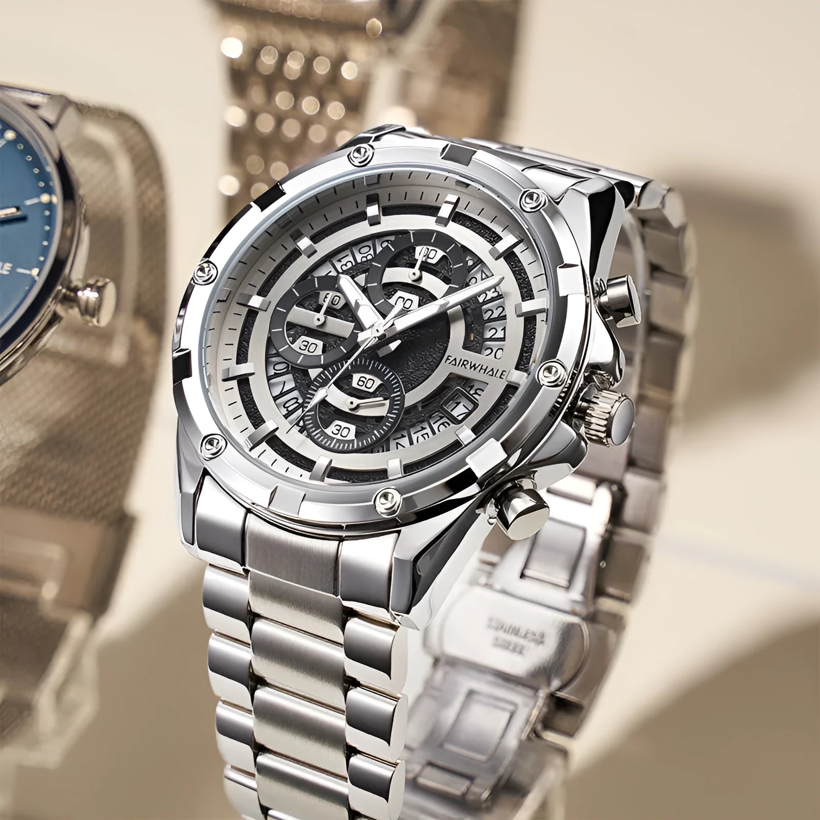 Men's luminous waterproof quartz watch with steel belt in black shell blue surface option