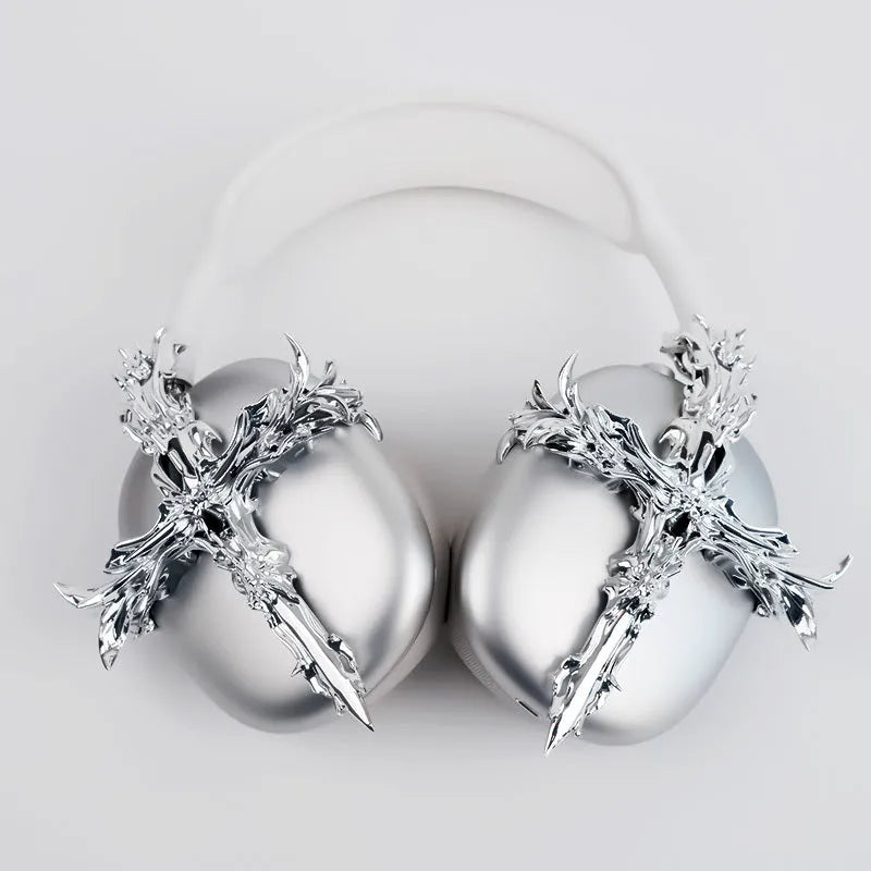Gothic cross design hard resin cover for Apple AirPods Max headphones in gunmetal colour.