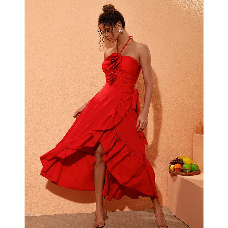 Red women's V-neck one-piece swimsuit with open back and a separate white skirt, featuring a detachable flower accessory.