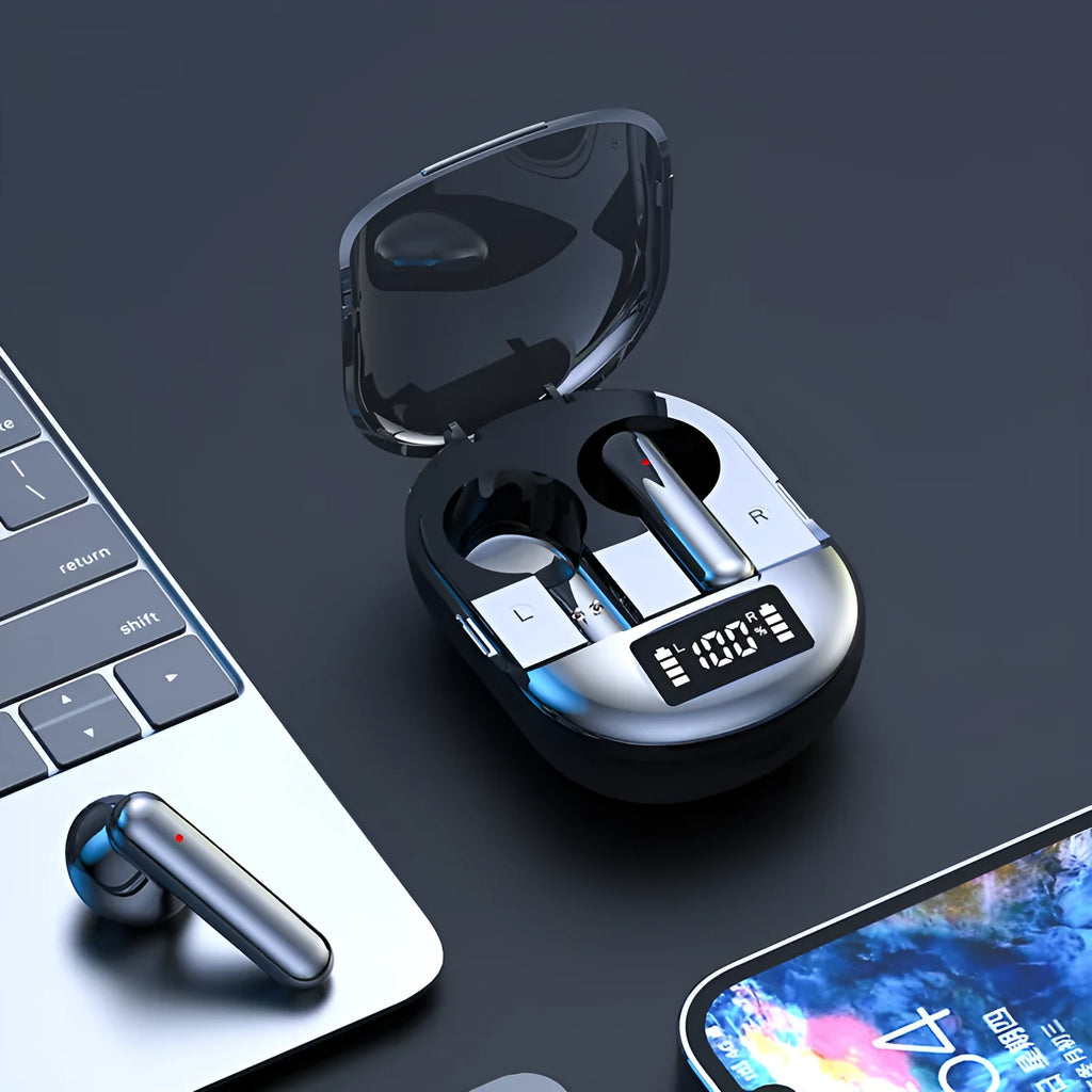 Black and white wireless Bluetooth in-ear headphones with digital display screen next to their charging case.