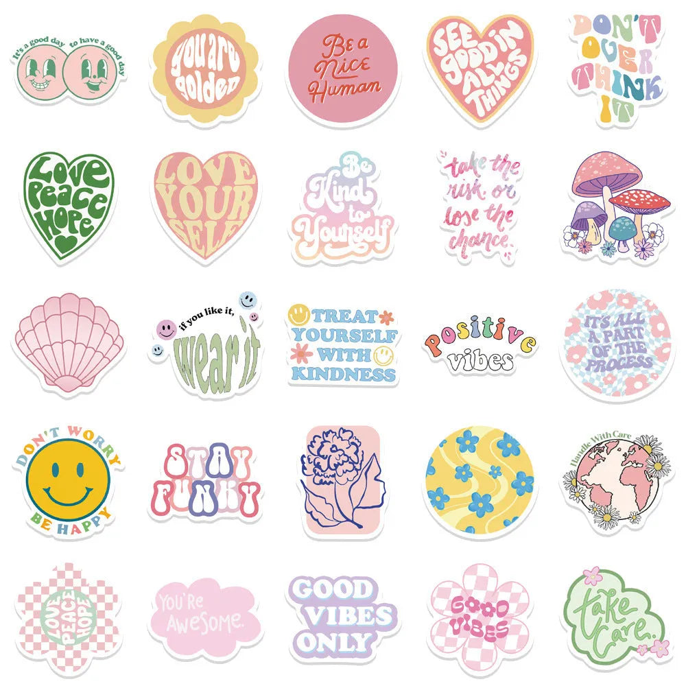 Motivational statement stickers, 50 self-adhesive Danish pink decals, 4-6cm, graffiti cartoon cute patterns.