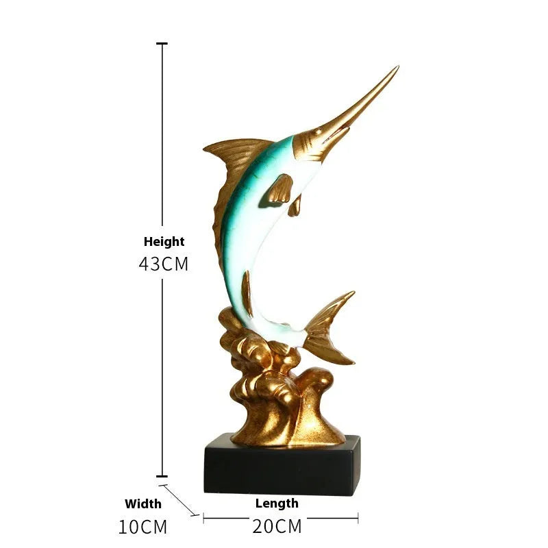 Detailed resin European swordfish decoration in a choice of four colours on a shelf.