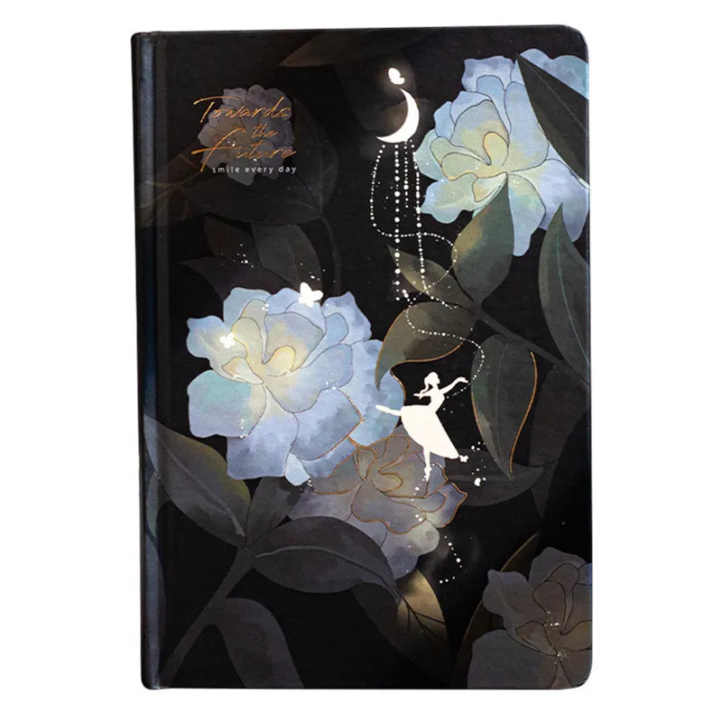 A5 notebook with luminous cover open to show colour illustrated pages, in Purple colour option.