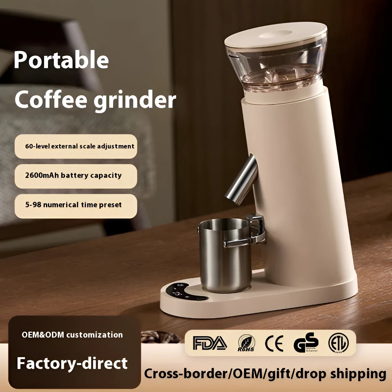 Portable electric coffee grinder machine with stainless steel body and 0.5L capacity