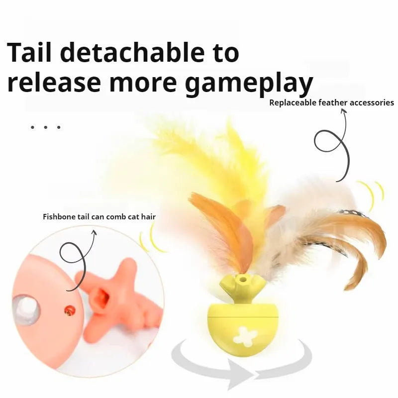 USB electric cat teasing ball with fish bone design rolling on floor, includes replaceable teasing stick
