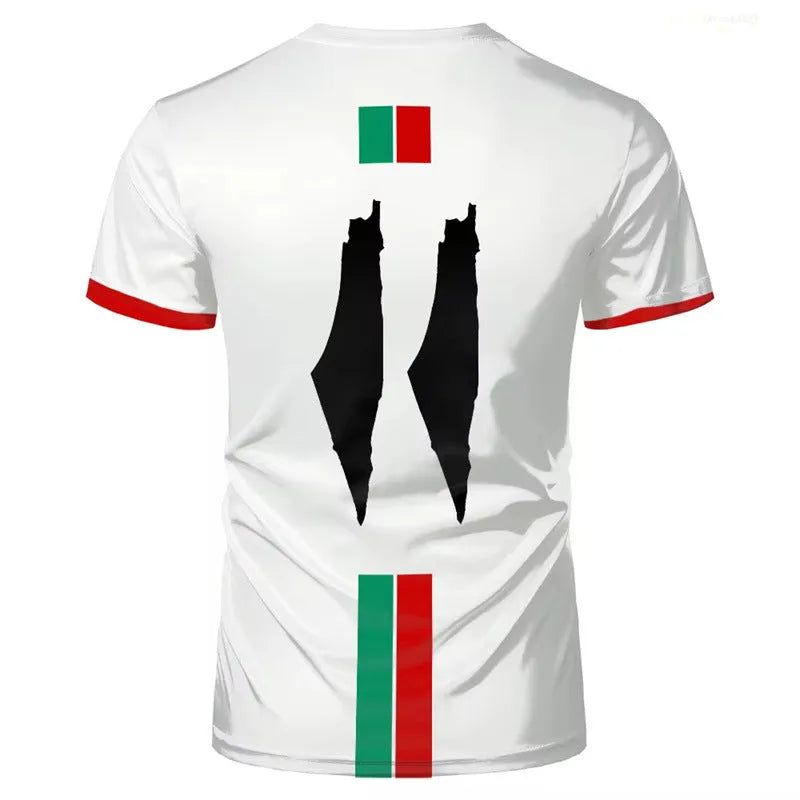 Black football t-shirt with 3D printed pattern design showing dimensional graphic elements on spandex fabric