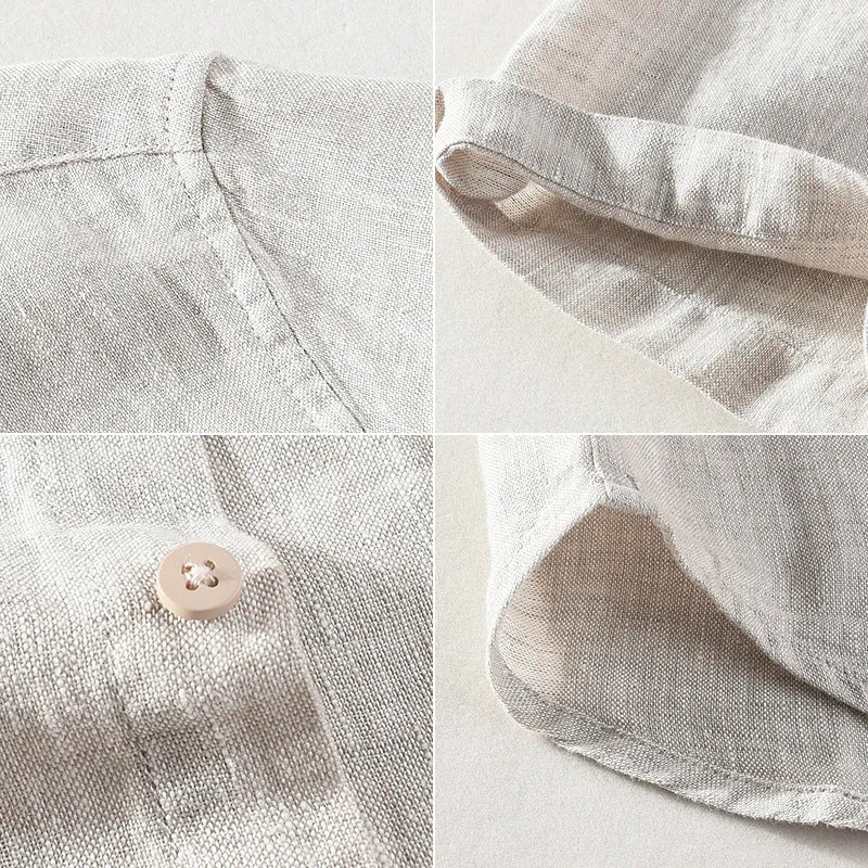 Men's raw jute coloured linen shirt with square collar and short sleeves on a hanger.
