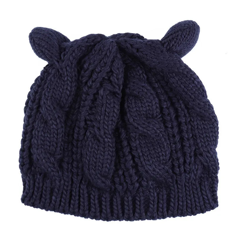 Hand made 3D cat ear knitted wool beanie in winter colours