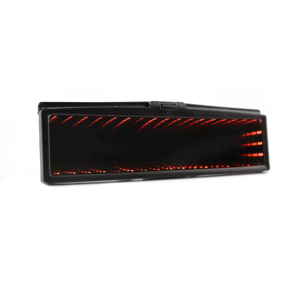 Square blue plastic car rearview mirror with a wide flat glass and integrated LED lighting strips on the housing.