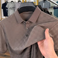 Men's black rhombus pattern short sleeve T-shirt with a slit hem, made from thin Chemical Fiber blend fabric.