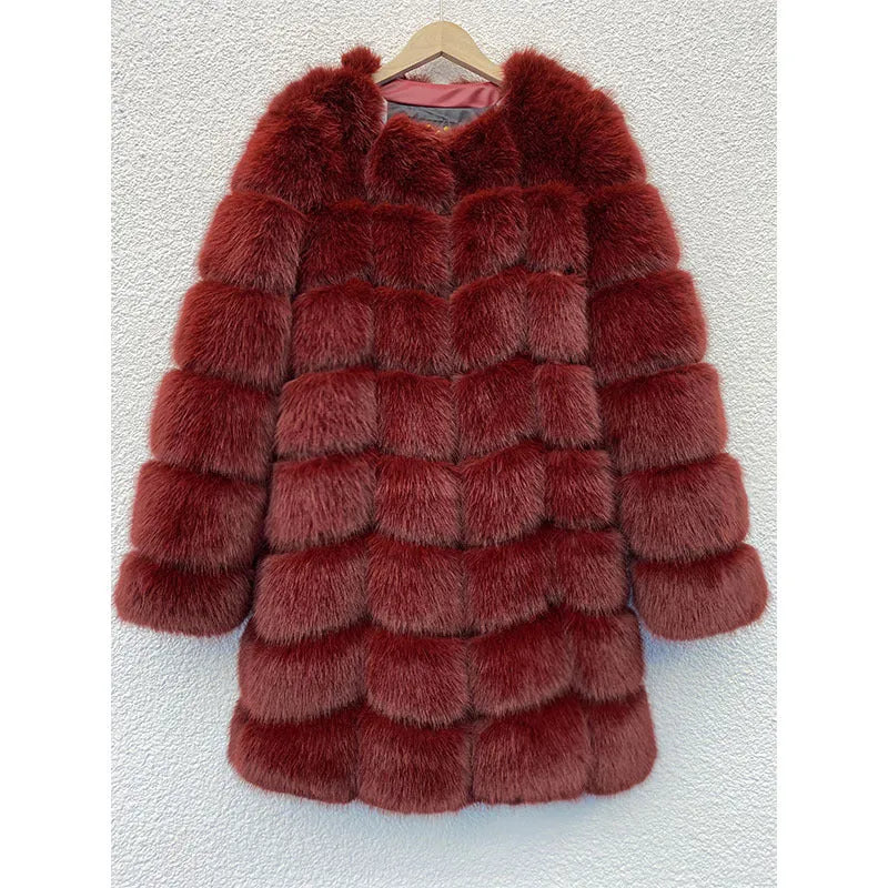 Women's thick black artificial fur coat with regular sleeves, 80cm length