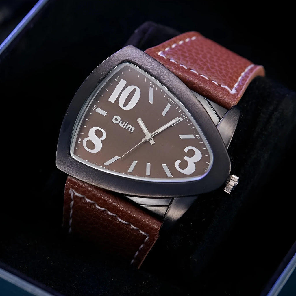 Men's brown casual quartz watch with triangle belt strap and 9mm case.