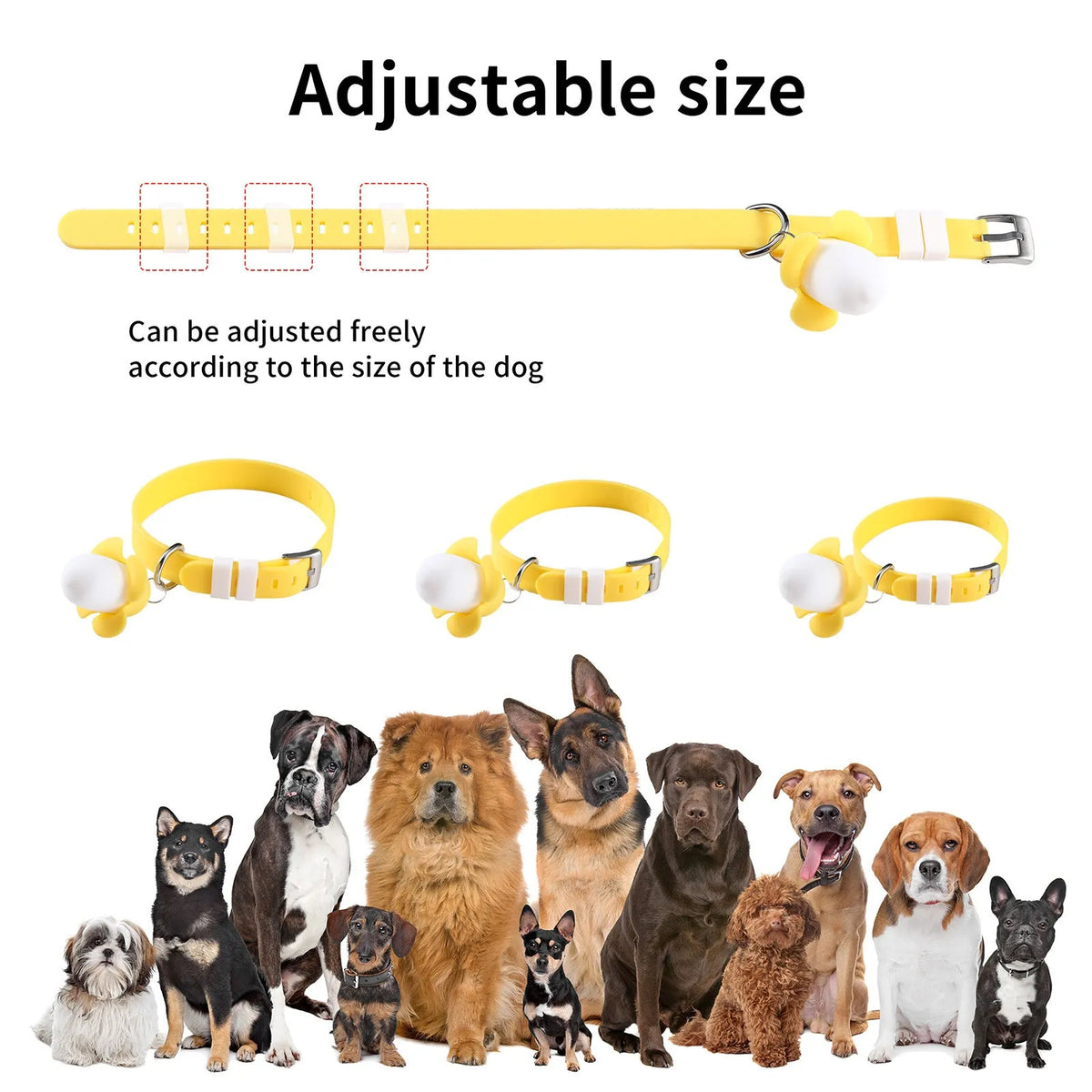 Yellow banana-shaped silicone dog collar light with geometric pattern, USB rechargeable, for night walks