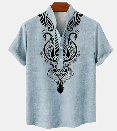 Men's striped casual linen-style shirt with personalised buttons in a loose fit.