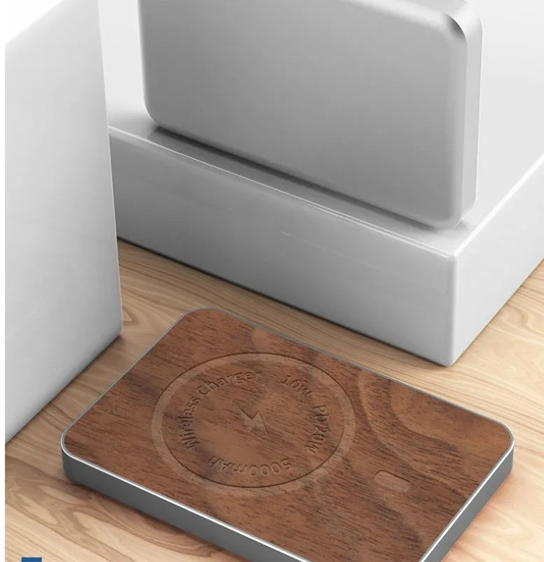 Khaki magnetic wireless charging bank with 5000mAh capacity measuring 102mm x 63mm