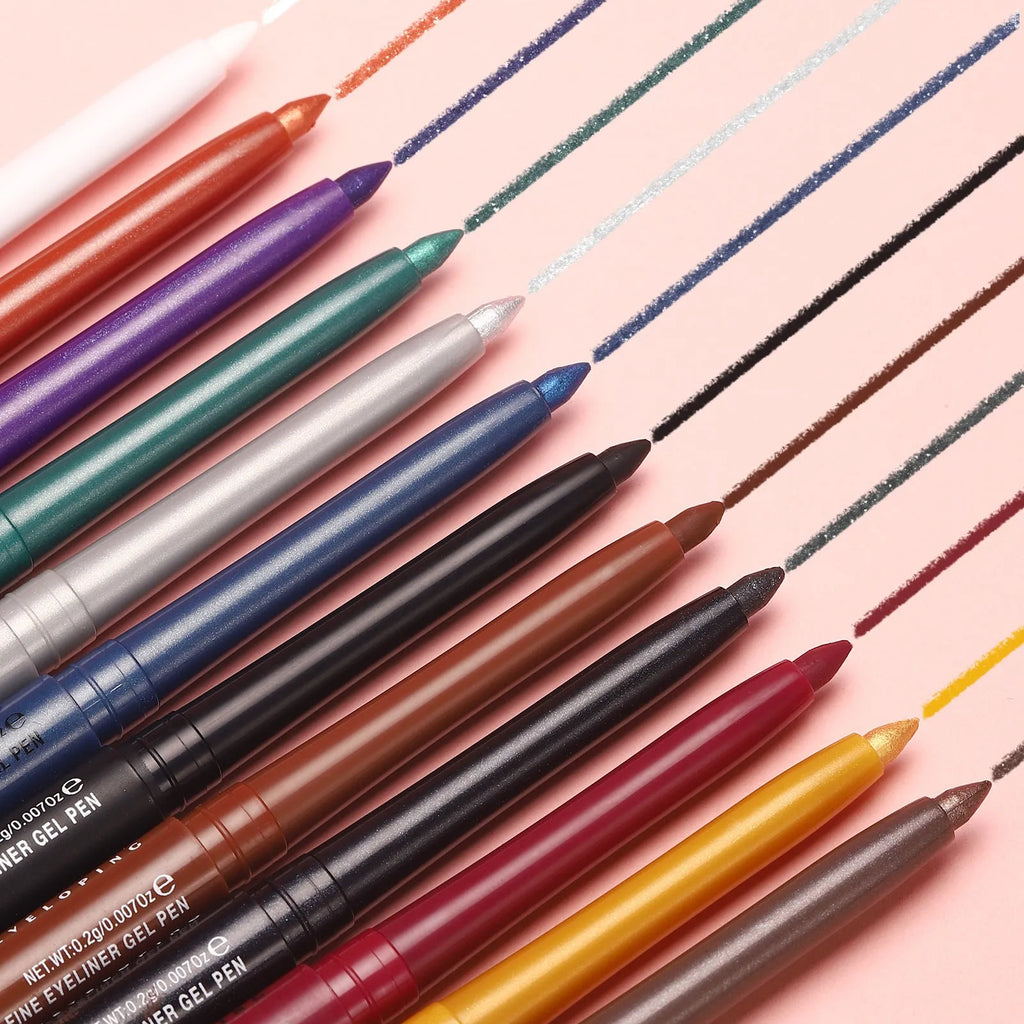 12 colourful gel glitter eyeliner pencils in vibrant shades with matte, glitter, metallic, and pearl effects