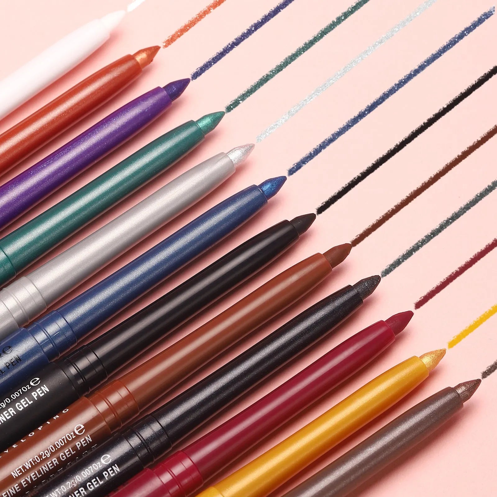 12 colourful gel glitter eyeliner pencils in vibrant shades with matte, glitter, metallic, and pearl effects