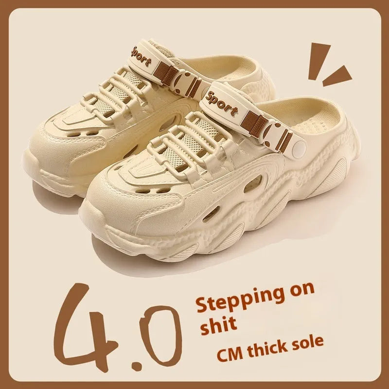 Men's khaki outdoor slippers with breathable hollow-out design and textured EVA sole.