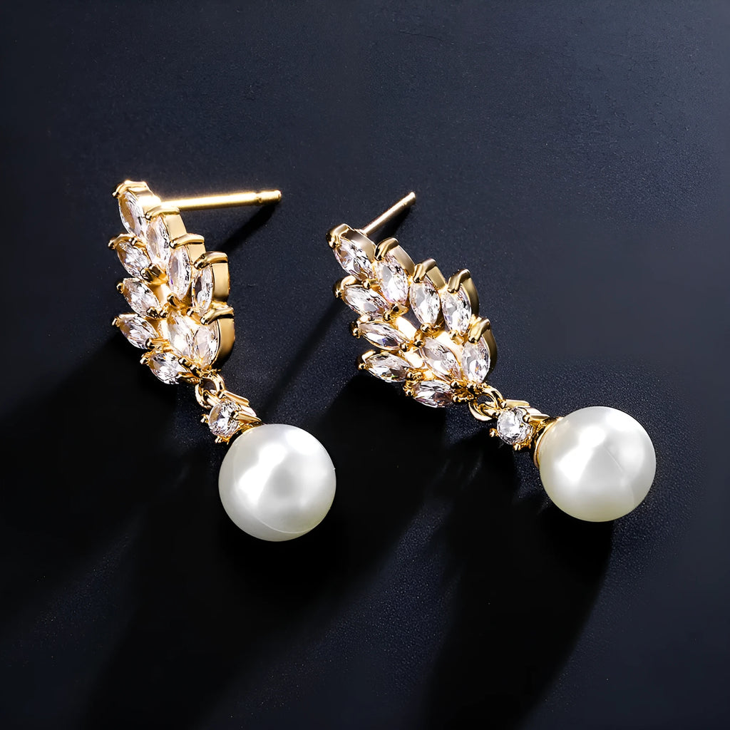 Geometric floral earrings with micro inlaid zircon detailing in gold, platinum, or rose gold plating options