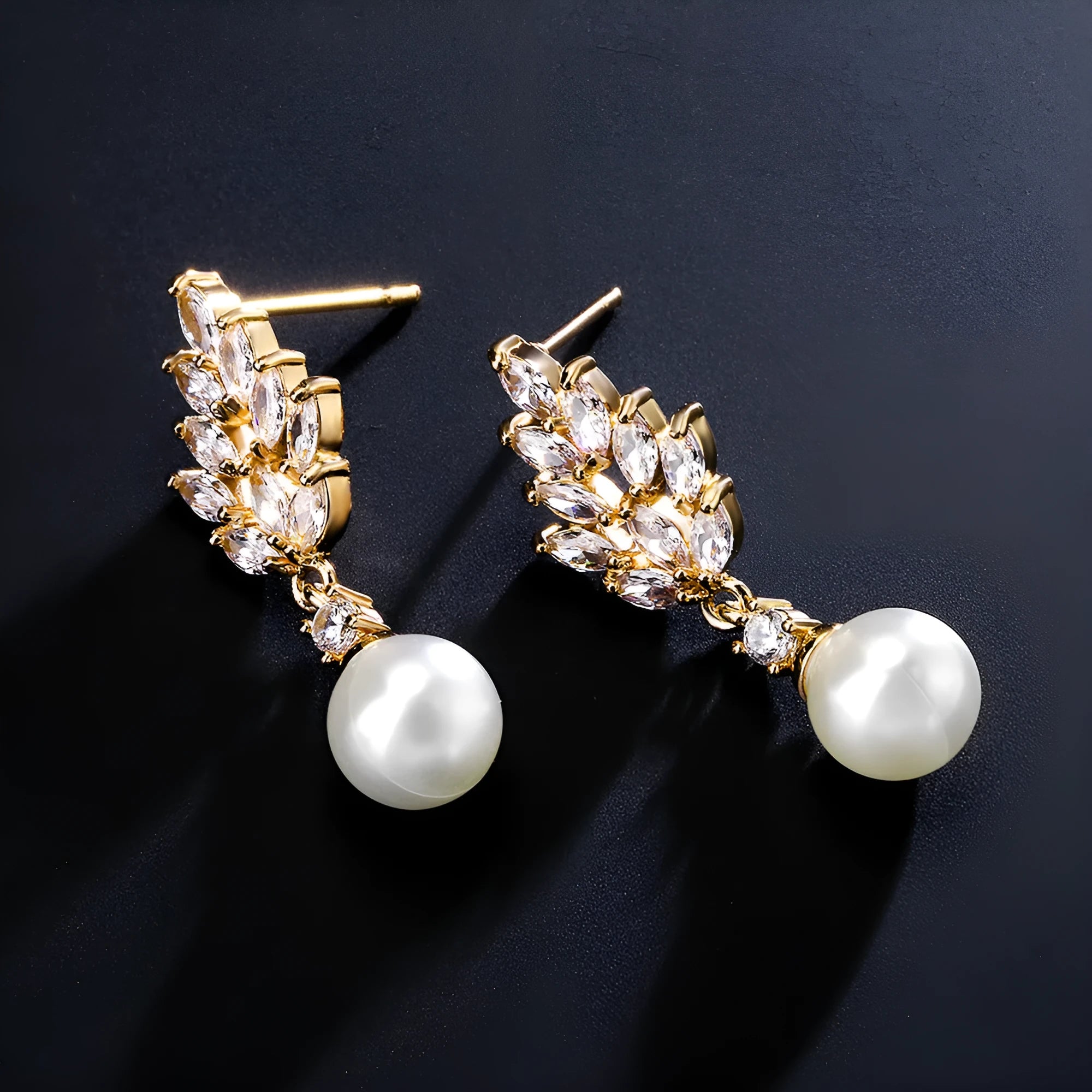 Geometric floral earrings with micro inlaid zircon detailing in gold, platinum, or rose gold plating options