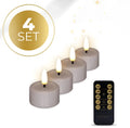 Set of four taupe-coloured LED flameless tealight candles showing flickering light.