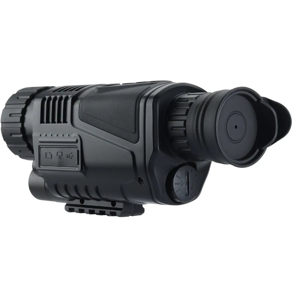 Black infrared digital night vision telescope with camera lens, rubber grip, and wrist strap on a table.