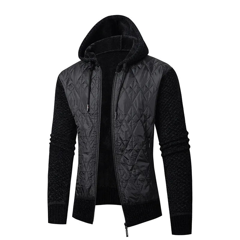 Men's grey corduroy hooded sweater coat with cinched waist design
