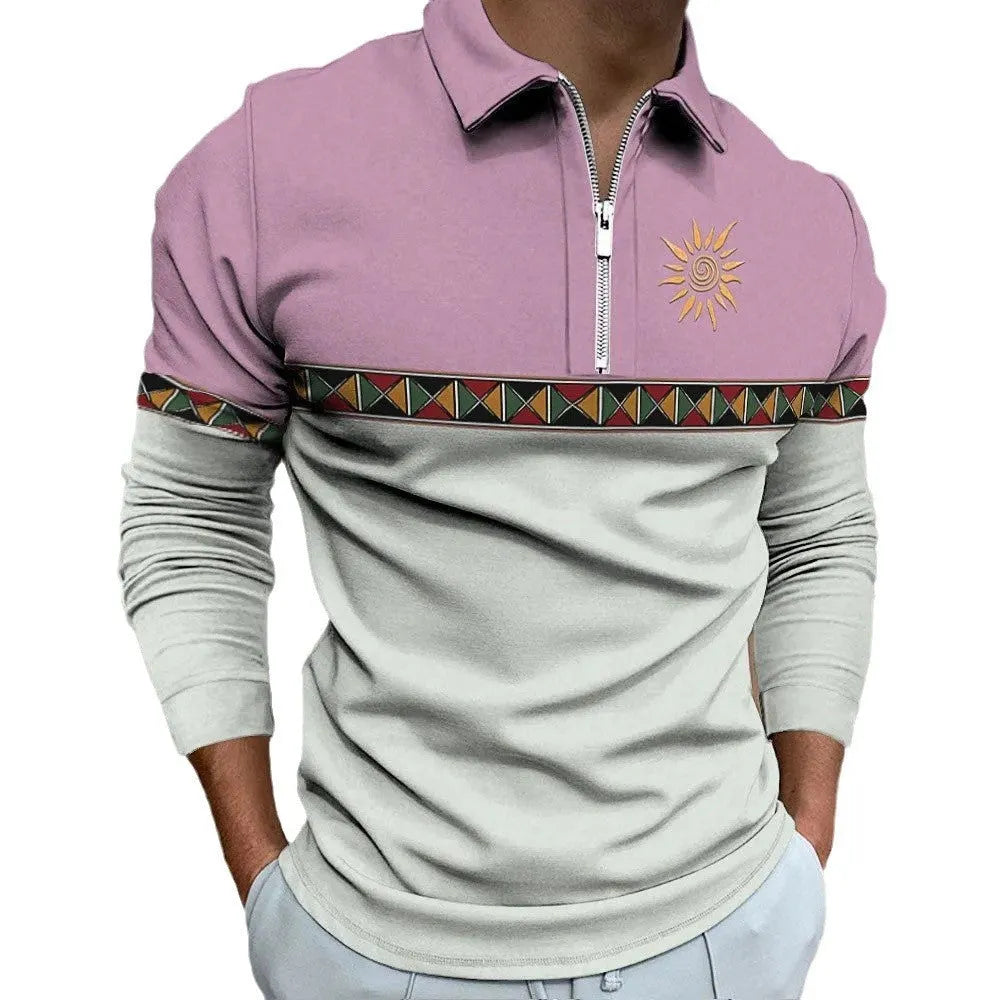 Man wearing a long sleeve retro stripe print golf top with zip details on a loose fit.