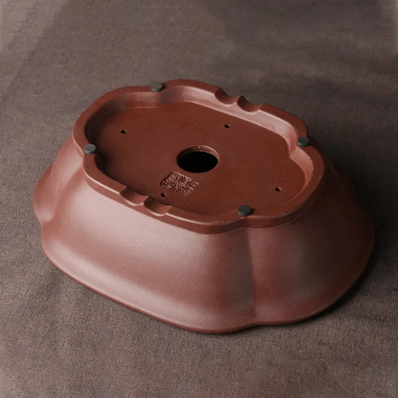 Handmade purple clay bonsai basin with classical Chinese style, measuring 25cm long by 20cm wide by 7cm deep