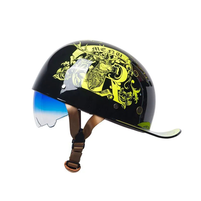 Black gradient blue retro half helmet for electric bicycles with tinted visor and ABS construction