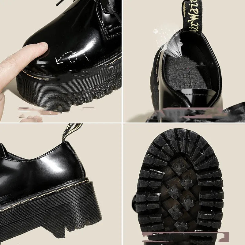 Women's thick-soled leather shoes with lace-up closure and decorative ribbon detailing