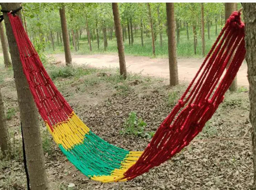 Nylon rope mesh hammock measuring 1.1 metres wide by 2.1 metres long with rope ties