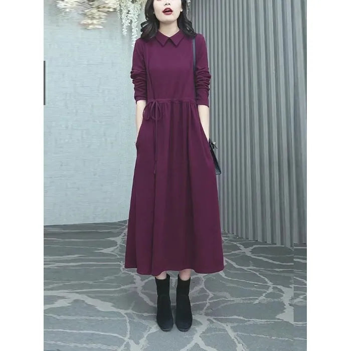 Purplish red solid colour plus size women's dress with long sleeves and long skirt for autumn winter.